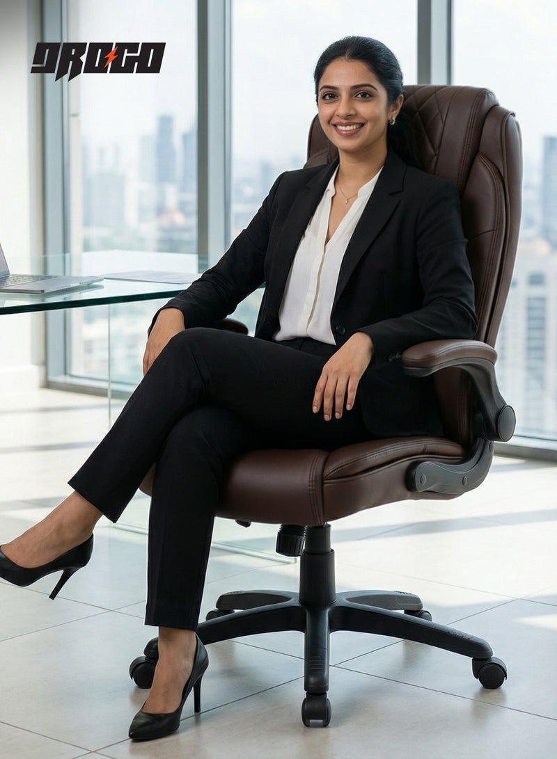 DROGO Ergonomic Premium Leatherette Office Chair for Work at Home, Computer Chair with Flip-Up Armrest, Height Adjustable Leather Seat, Cushioned Headrest, & Lumbar Support | Desk Chair with Multi Level Reclining Brown - Image 2